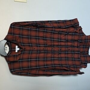 BeachLunchLounge Brown Button Up M Womens Oversized Plaid Collared Pleated